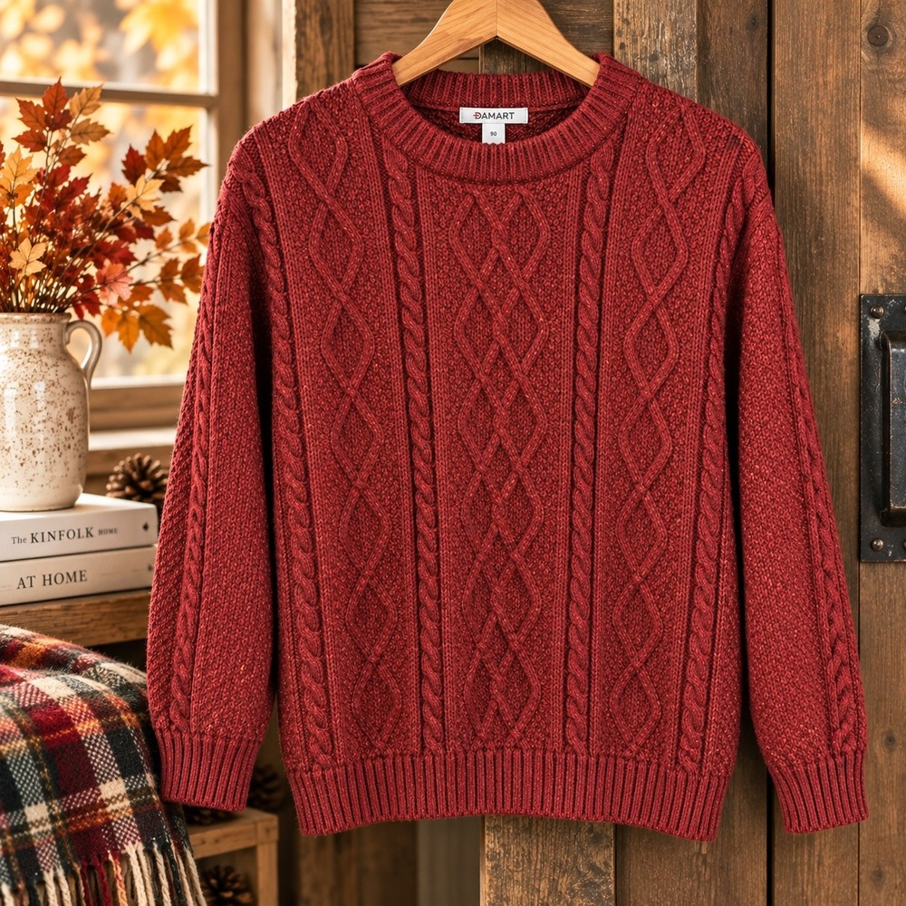 Damart Vintage Red Burgundy Wool Blend Cable Knit Fisherman Sweater Mens Size M